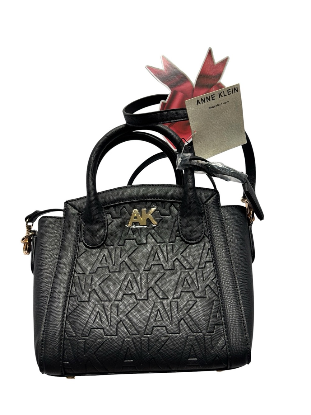 Anne Klein Black Embossed AK Logo Satchel with Gold Hardware
